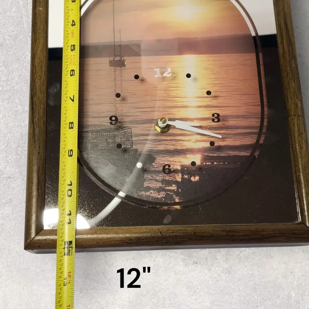 1970s Intercraft Shadowbox Wall Clock Fisherman Seascape Sunset MCM Works VNTG